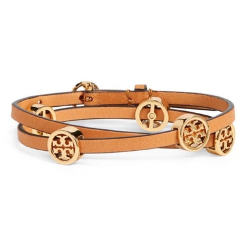 Tory Burch Gold and Tan Leather Miller Double Wrap Bracelet